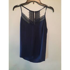 Anthropologie Paper Crane M Navy Blue Tank Top Spaghetti Strap Blouse Crochet